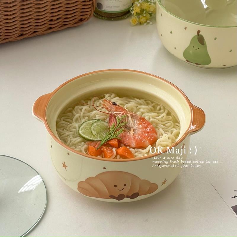 高颜值陶瓷泡面碗带盖高级感双耳面碗漂亮汤面碗特别好看的吃面碗