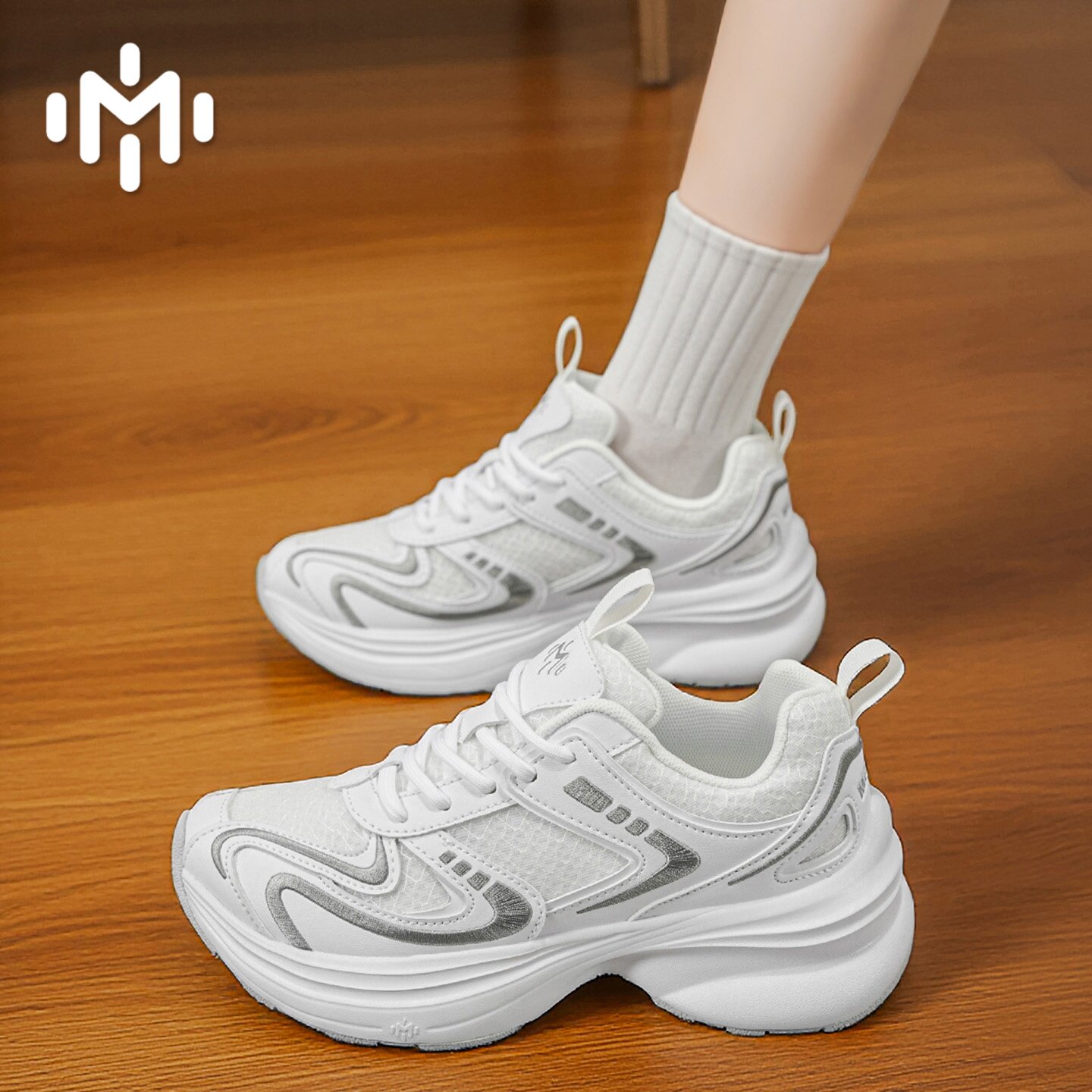 MODME/摩客迷老爹鞋休闲风白色厚底女透气轻便运动鞋增高松糕鞋