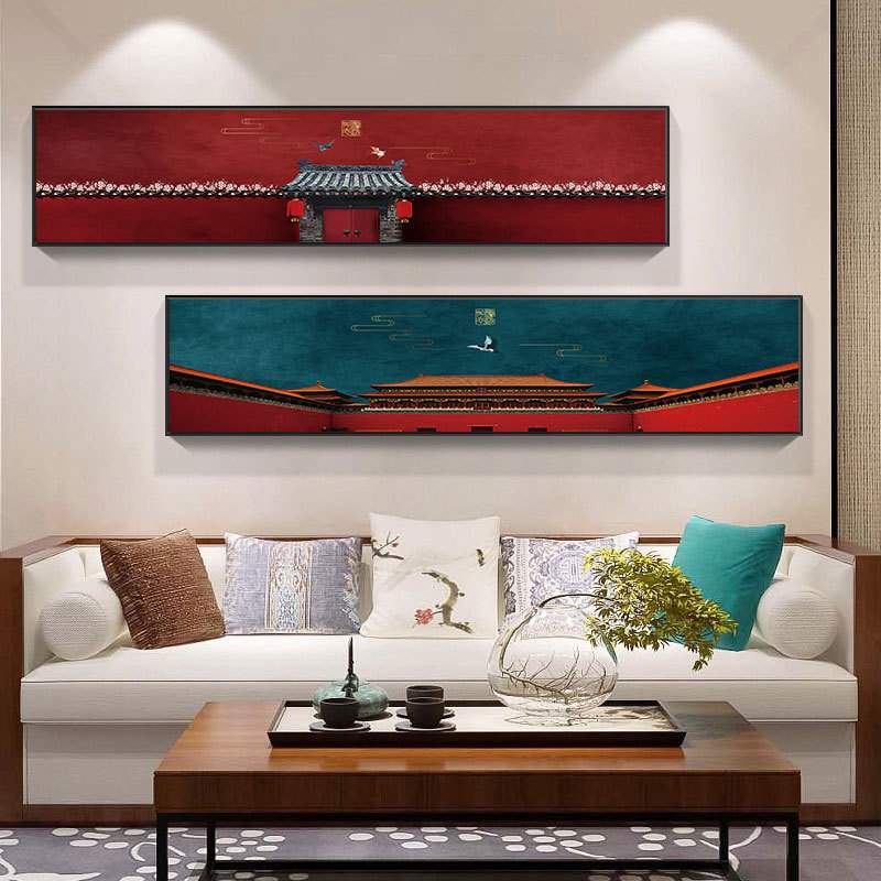 新中式现代简约中国红横幅挂画墨绿树枝屋檐床头版画客厅装饰画图片