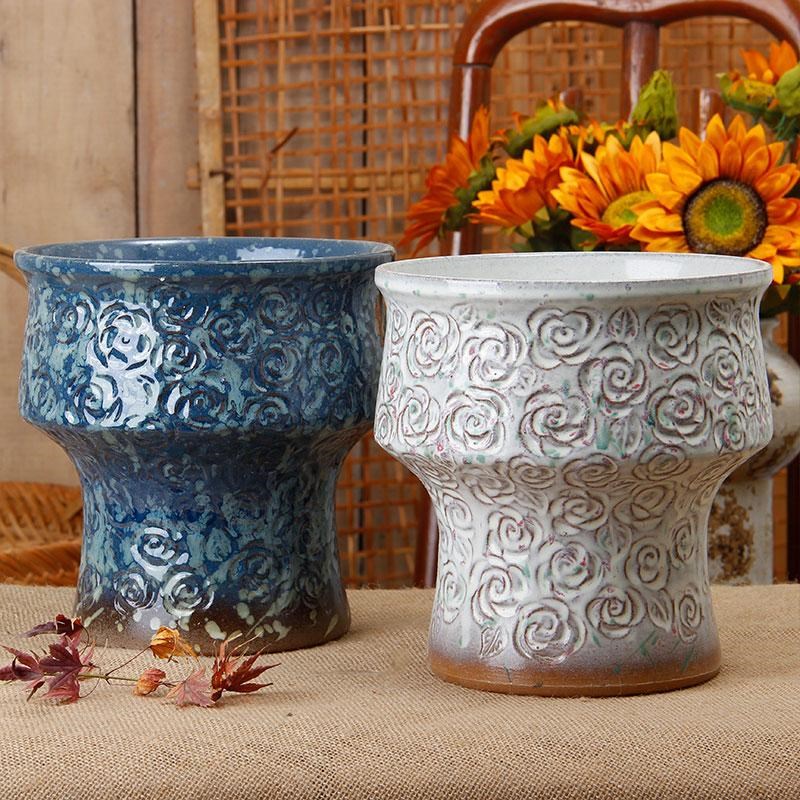 手工刻花粗陶花盆陶瓷大高透气紫砂盆绿植大高花卉陶罐多肉植物盆