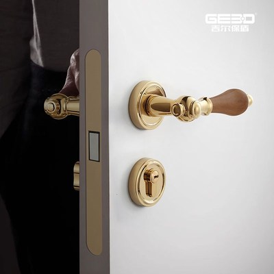 吉尔保盾胡桃木法式金色门锁室内卧室房门锁木门把手磁吸静音门锁