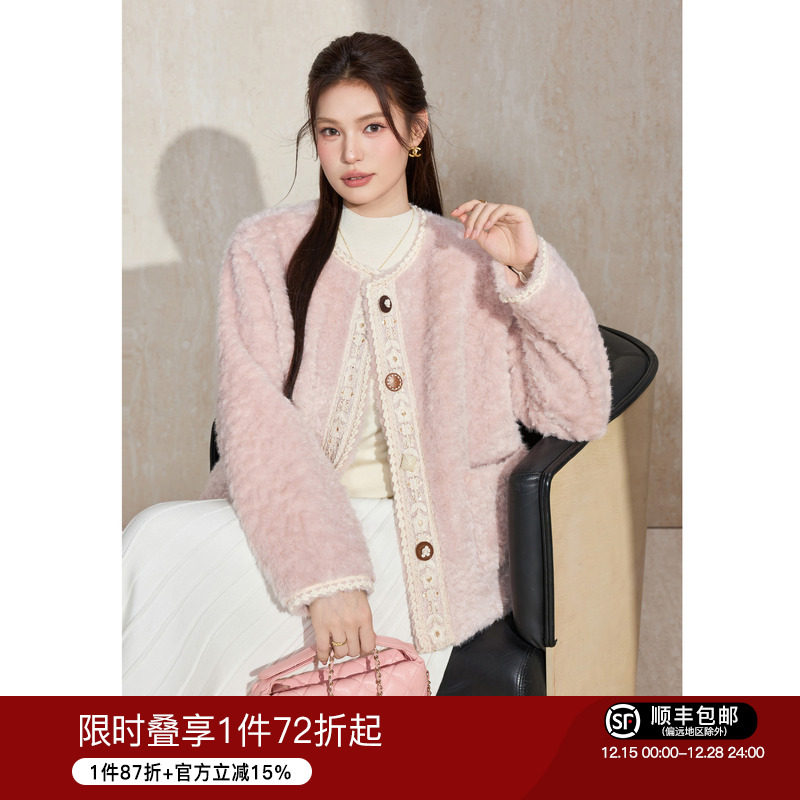 蓝语蕾丝环保皮草加厚小香风外套