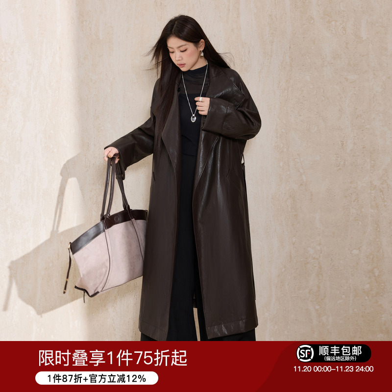 蓝语廓形翻领收腰长款风衣皮衣