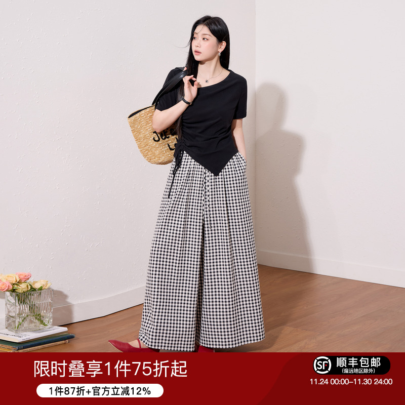 蓝语大码女装松弛感天丝棉短袖T恤显瘦格纹阔腿裤裙夏季透气套装