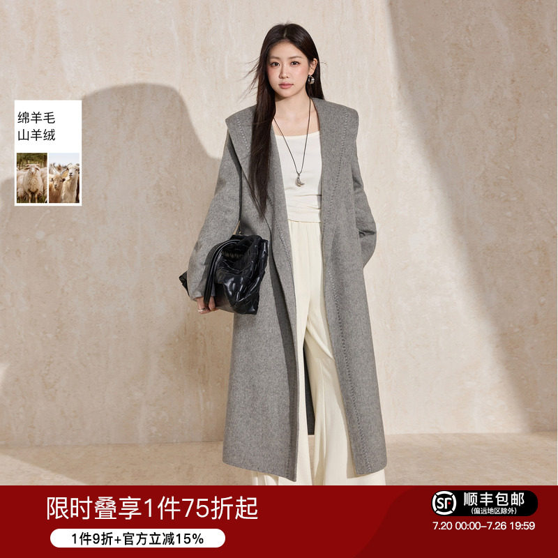 蓝语大码女装气质大翻领羊绒大衣冬季新款简约灰色双面毛呢子外套