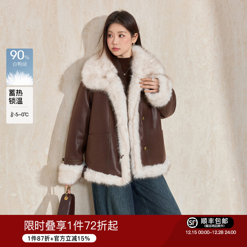 蓝语复古毛领仿麂皮羽绒服外套