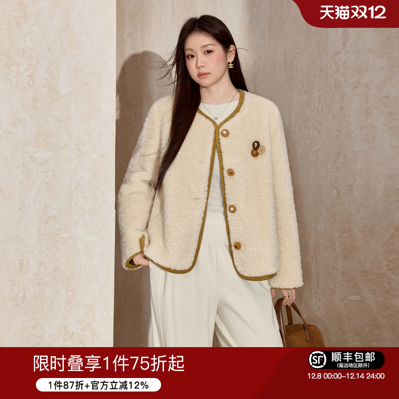 蓝语圆领撞色仿皮毛一体加厚外套