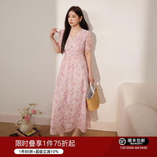溫柔v領(lǐng)雪紡碎花連衣裙子收腰遮肚法式 現(xiàn)貨 藍語大碼 女裝 a字長裙