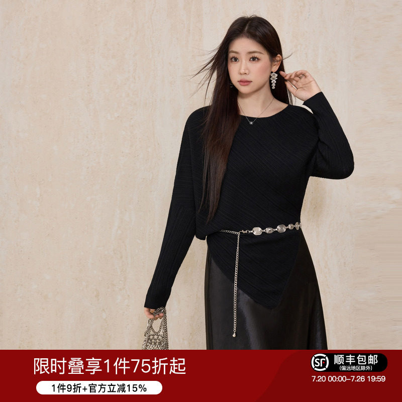 蓝语大码女装气质黑色不规则蝙蝠袖针织衫秋季修身遮肚子内搭上衣