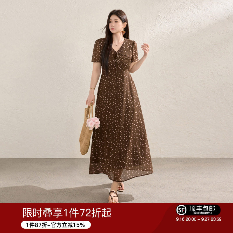 蓝语复古碎花泡泡袖显瘦连衣裙										