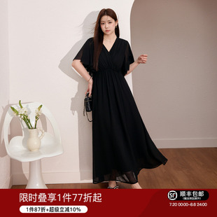 蓝语大码 掐腰显瘦气质a字裙 女装 赫本风v领雪纺抓花连衣裙2025夏季