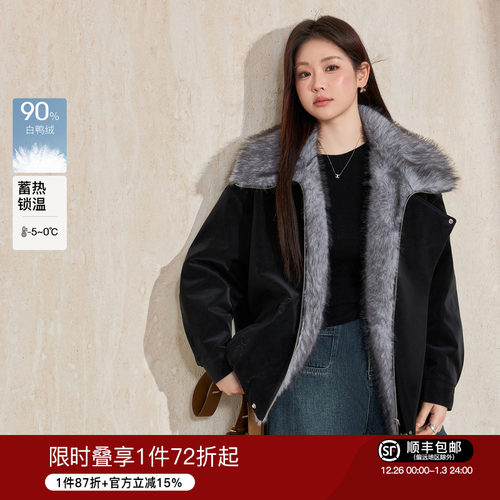 蓝语毛领PU皮羽绒服加厚短外套