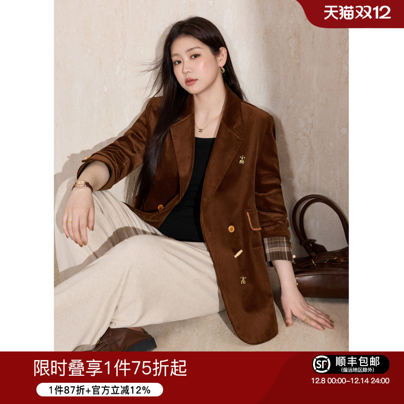 蓝语装美拉德复古灯芯绒西服外套