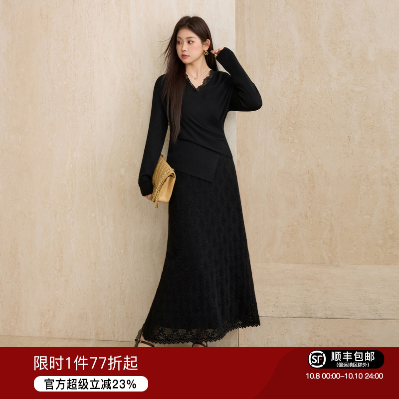 蓝语不规则V领蕾丝边羊毛针织衫