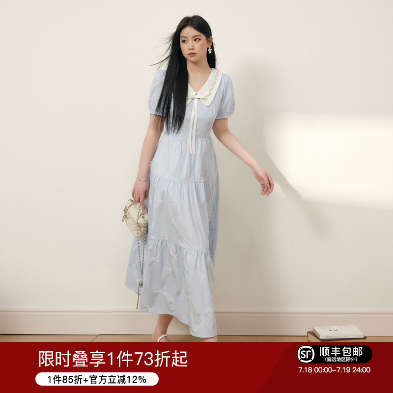大码女装蓝语娃娃领减龄连衣裙