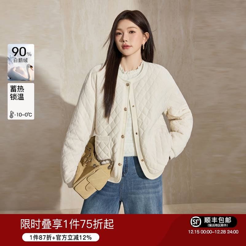 蓝语圆领灯芯绒白鹅绒轻薄羽绒服