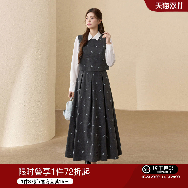 蓝语大码女装法式绣花假两件磨毛背心连衣裙纯棉衬衫26秋通勤套装