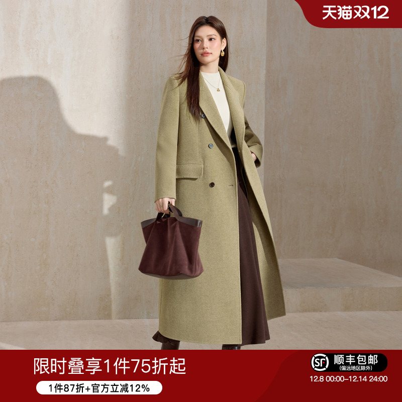 蓝语经典气质双排扣西装领呢大衣