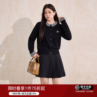 女装 羊毛开衫 早秋新款 毛衣短款 上衣 黑色木耳边假两件长袖 蓝语大码