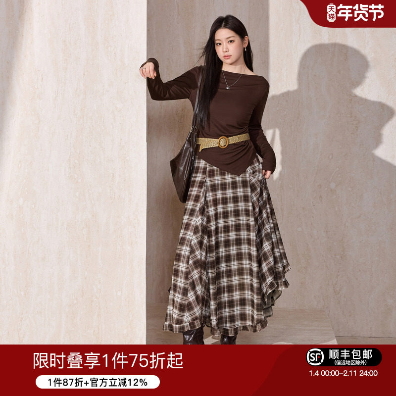 蓝语大码女装2026春新款宽松斜肩两穿长袖T恤复古格纹半身裙套装,女装/女士精品,大码套装,淘宝优惠券,粉丝福利购,淘宝优惠卷