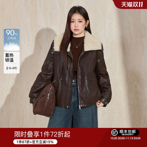 蓝语仿羊羔毛翻领皮衣机车羽绒服