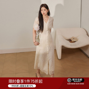 法式 蓝语大码 新款 女装 遮肚中长裙 胖mm气质v领显瘦蕾丝连衣裙夏季