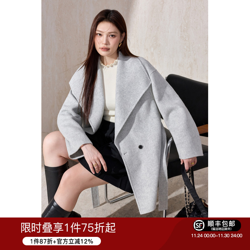 蓝语大码大翻领系带双面呢大衣