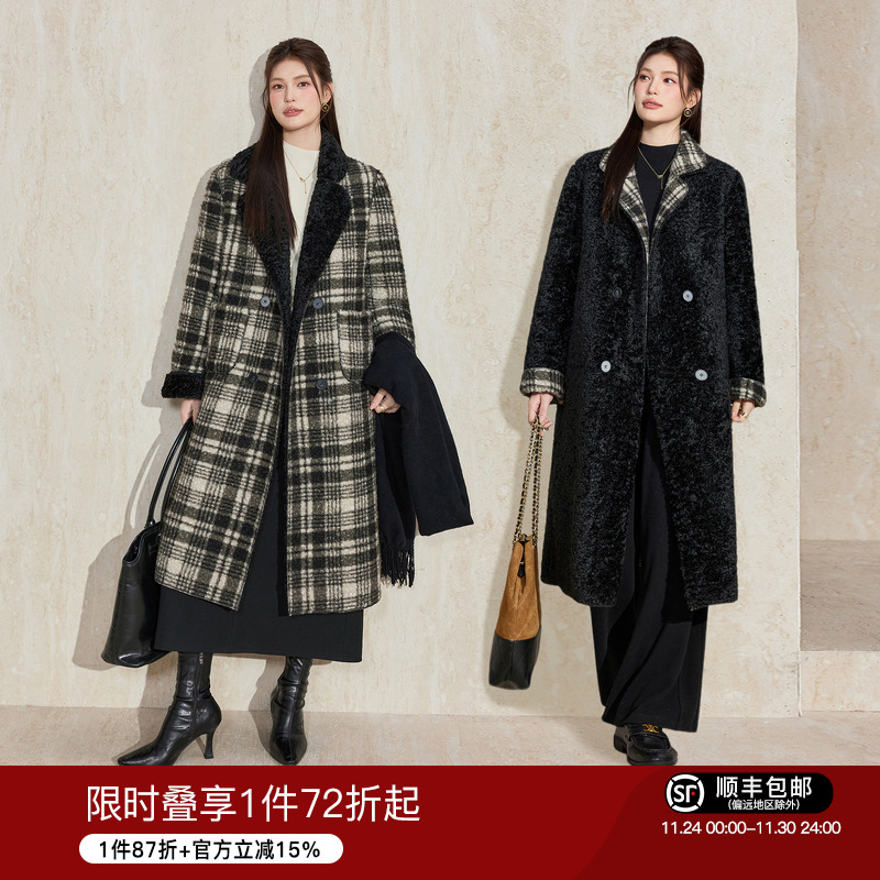 蓝语羊毛混纺两面穿格纹毛呢大衣