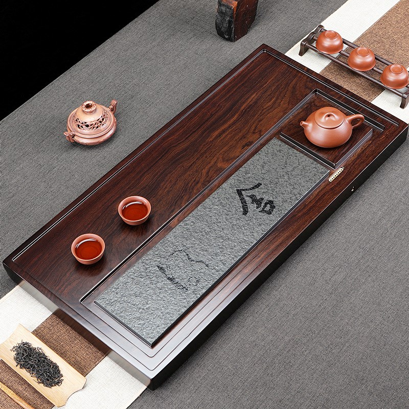 原木天然整块大小号黑檀木实木茶海家用乌金石头茶盘简约排水中式