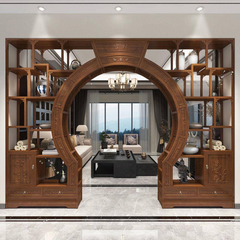 博古架中式实木玄关隔断置物架月亮门圆博古架双面雕花仿古书柜