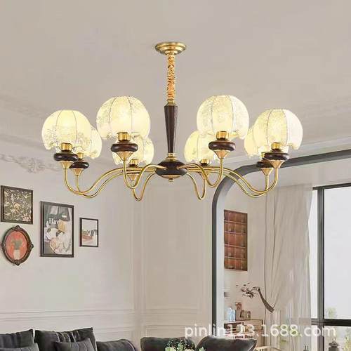 中古风客厅布艺花纹吊灯法式胡桃木美拉德复古高级感餐厅卧室吊灯