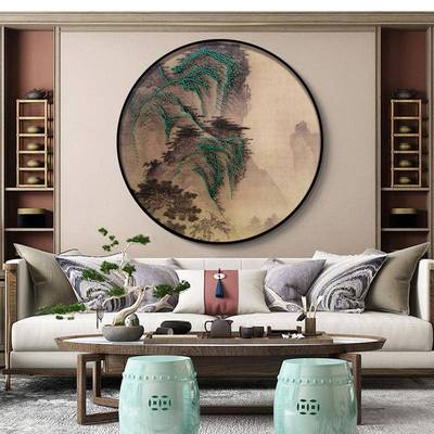 新中式圆形装饰画入户玄关山水立体钉子画走廊客厅书房墙壁挂画