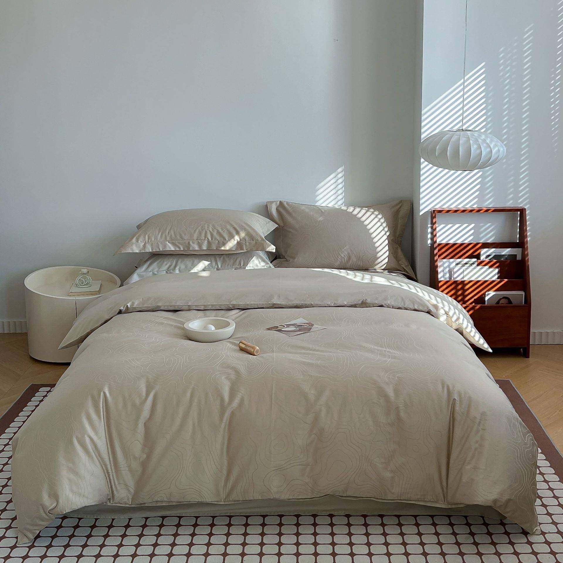 100支全棉四件套纯色简约提花纯棉被套床单家用民宿四件套床品