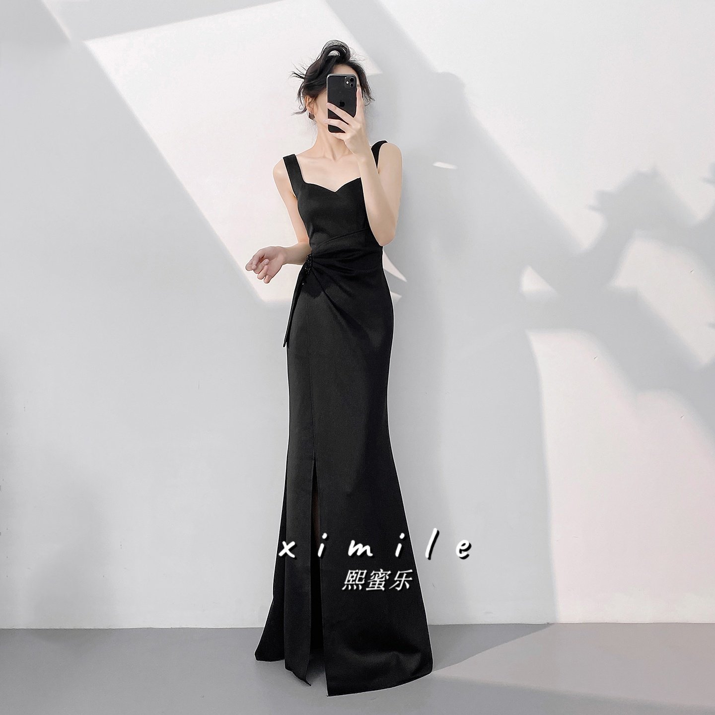 熙蜜乐黑色晚礼服高端气质走秀主持人宴会年会长款鱼尾开衩连衣裙
