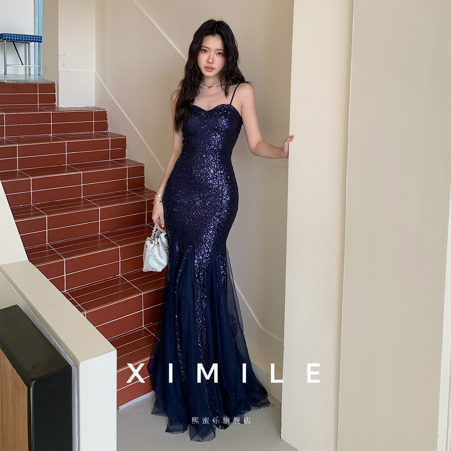 ximile蓝色吊带晚礼服女爆闪亮片连衣裙轻奢party年会宴会成人礼