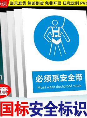 必须系安全带施工安全标识牌佩戴防护眼镜安全帽戴防尘口罩提示牌