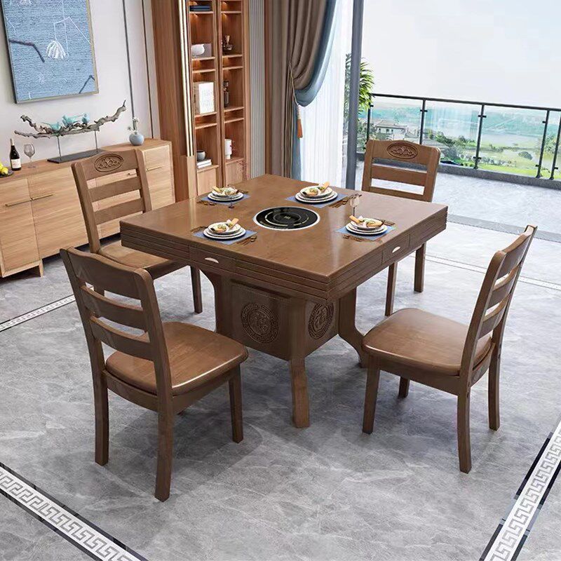小户型实木餐桌椅八仙桌中式方圆两用伸缩折叠方桌变圆桌带电磁炉