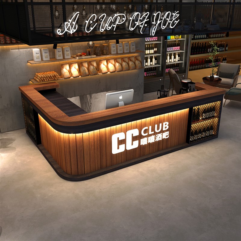 复古工业风台球厅酒吧吧台咖啡饭店烧烤店收银台前台弧形转角柜台