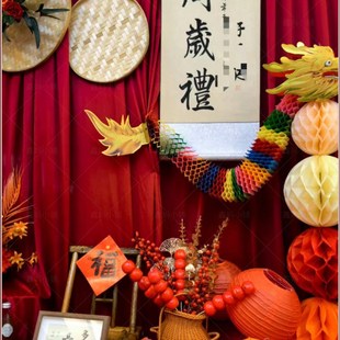 新中式 饰 宝宝周岁礼抓周道具用品套装 竹编簸箕摆件布置背景墙装