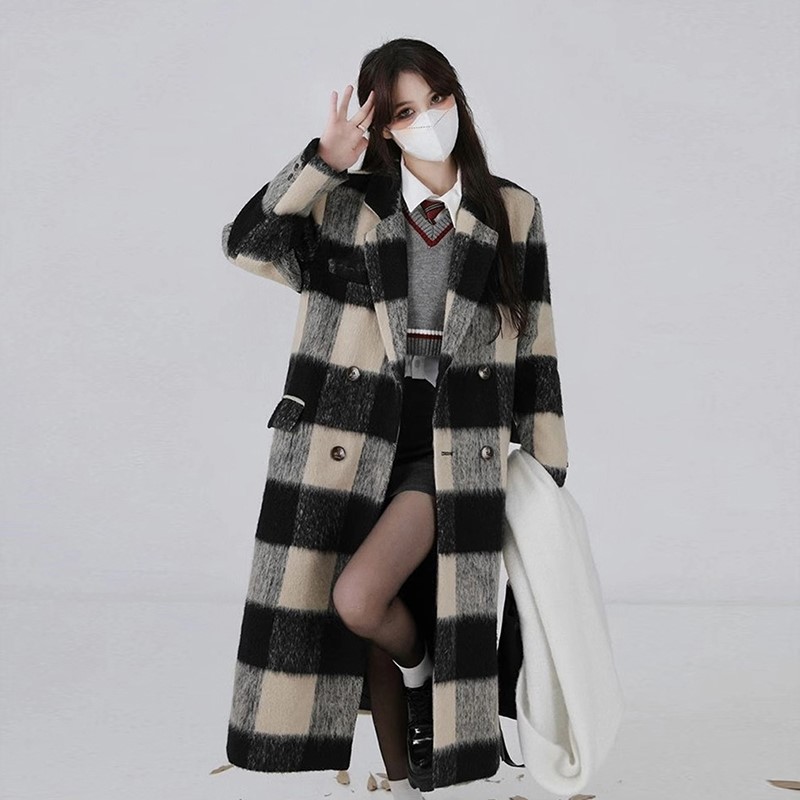 黑白格子毛呢外套女中长款2025新款秋冬高级感小个子加厚呢子大衣