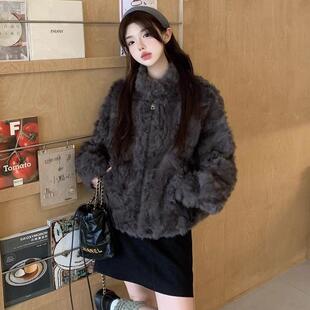 美蟹平替款气质立领拉链环保皮草外套女2024秋冬时尚保暖毛毛外套