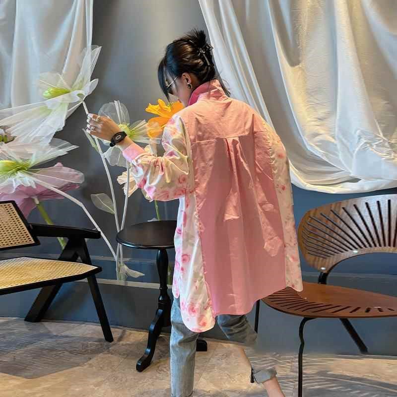 大码女装翻领拼接撞色甜美长袖上
