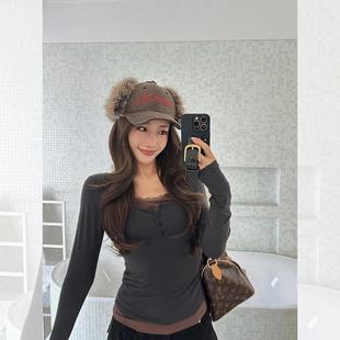 左边女装假两件蕾丝针织上衣2025春季新款拼接长袖打底衫