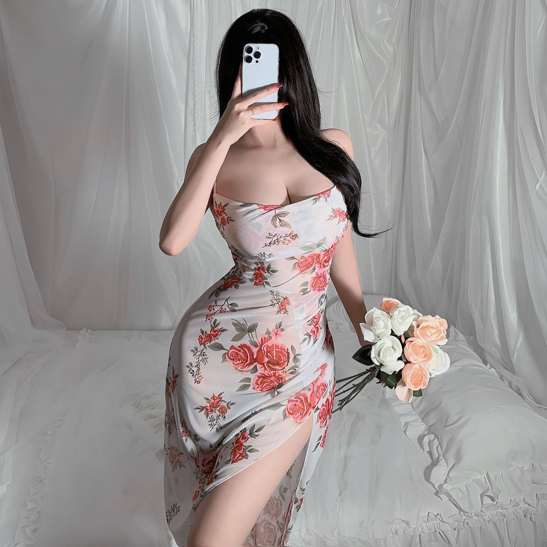 《私房秘语》性感抹胸印花睡裙修身开叉复古碎花长裙居家睡裙