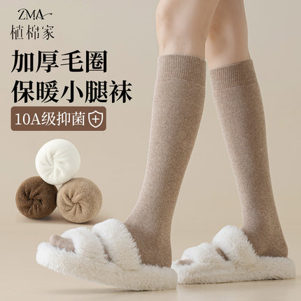 小腿袜子女秋冬季加绒加厚保暖半腿袜不掉毛圈纯棉纱线女士长筒袜