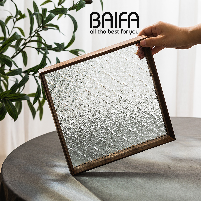 复古海棠花玻璃托盘家用长方形胡桃木茶盘杯子茶具收纳水果点心盘