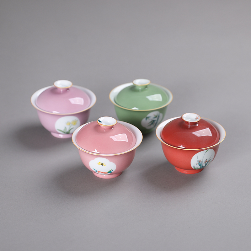 景德镇手绘开窗盖碗单个釉下彩陶瓷泡茶碗小号宫廷风带盖功夫茶具