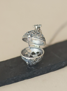 玲珑 复古做旧镂空祥云嘎乌盒绣球吊坠项链T可打开放置香囊