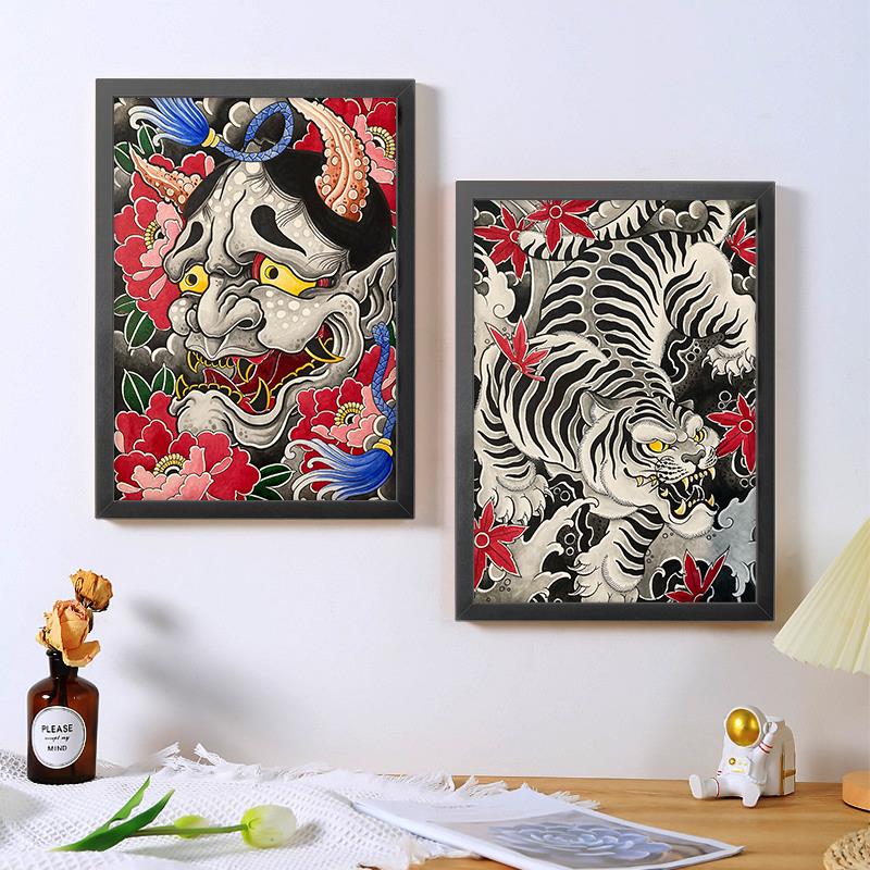 客厅墙壁挂画彩色老传统刺青手稿装饰画背景画a4纹身海报相框定制图片