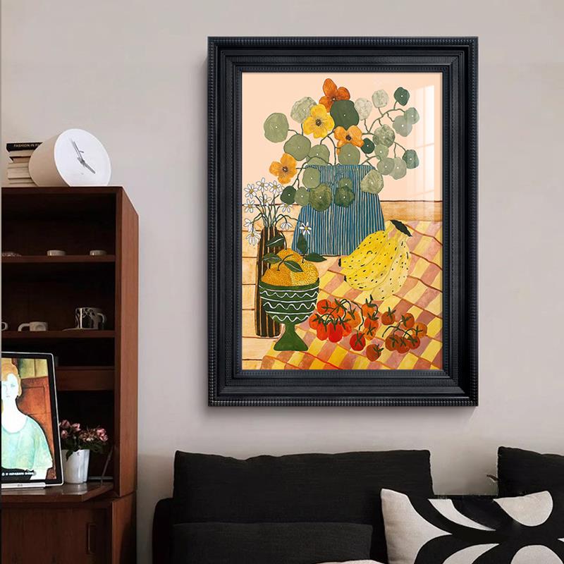 法式复古客厅花卉装饰画中古风软装玄关挂画小众艺术卧室橙色壁画图片